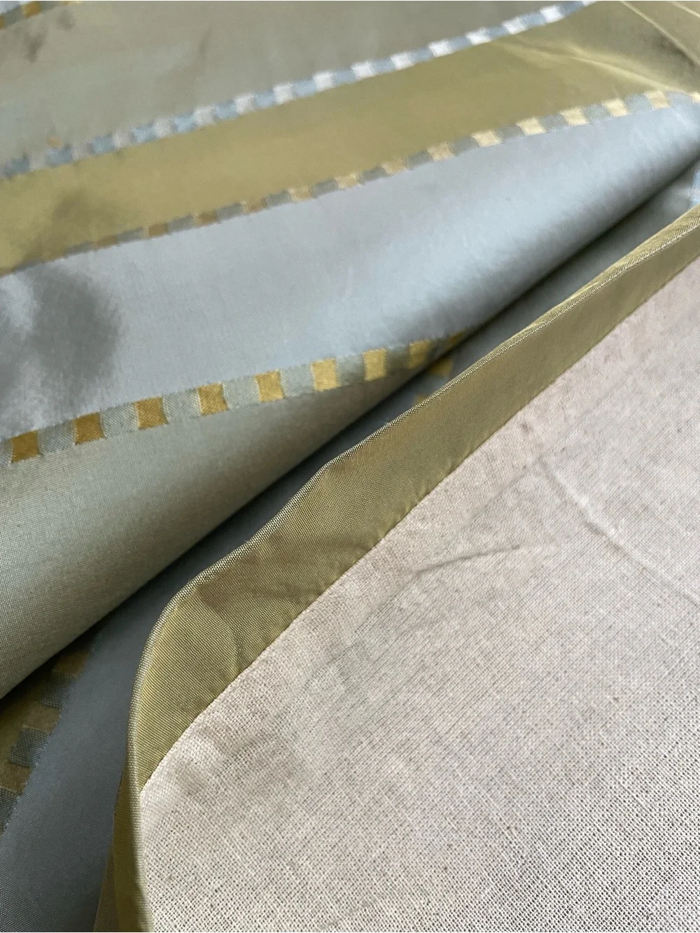 100% Silk Drape Powder Blue, Olive, Chartreuse Stripes 52”x 96”